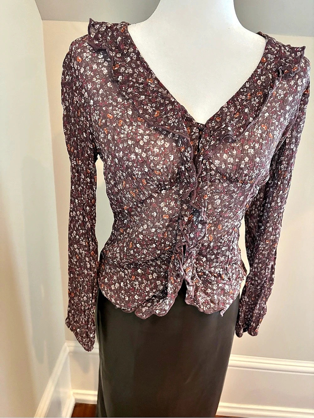 Lucky Brand Ruffle Collared Blouse Floral Brown & Red Size Medium